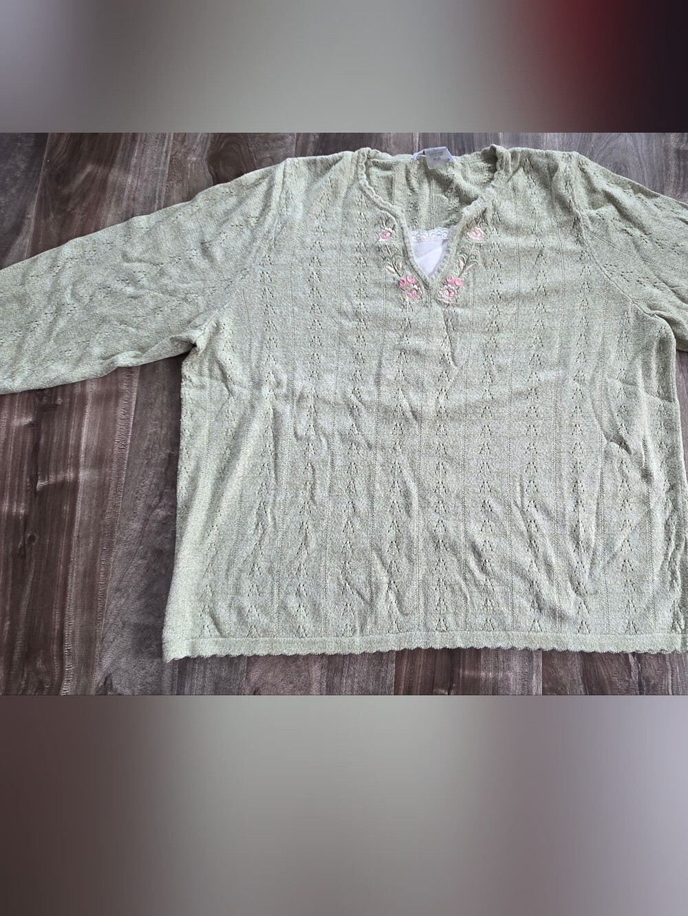 Alia Light Sage Knit V-Neck Pullover with Pink Embroidery